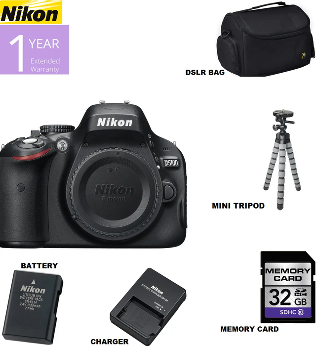 Nikon D5100/D5600 DSLR Camera (Body Only) with Sandisk 32GB | Spider Tripod | Case