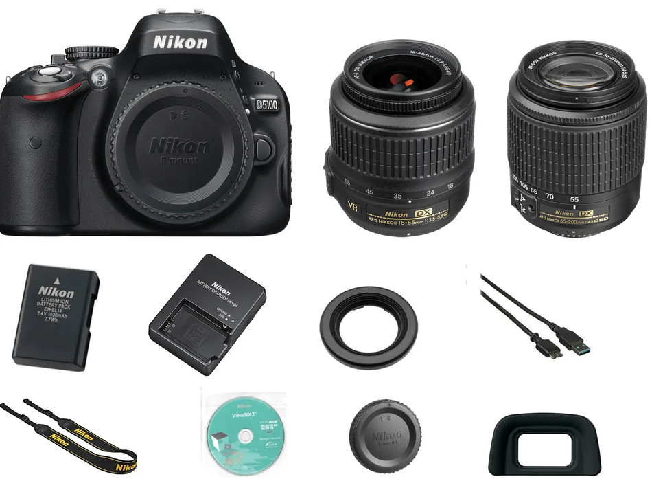 Nikon D5100/D5600 DSLR Camera with 18-55mm Lens &amp; Nikon 55-200mm Lenses | UV Filters | Spider Tripod | Cleaning Kit Package