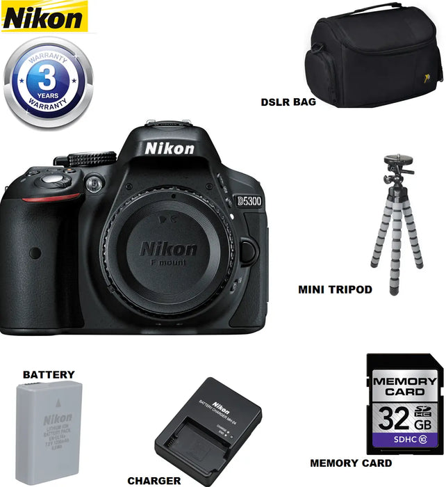 Nikon D5300/D5600 DSLR Camera (Body Only, Black) with Sandisk 32GB | Spider Tripod | Case & 3 Year Extended Warranty