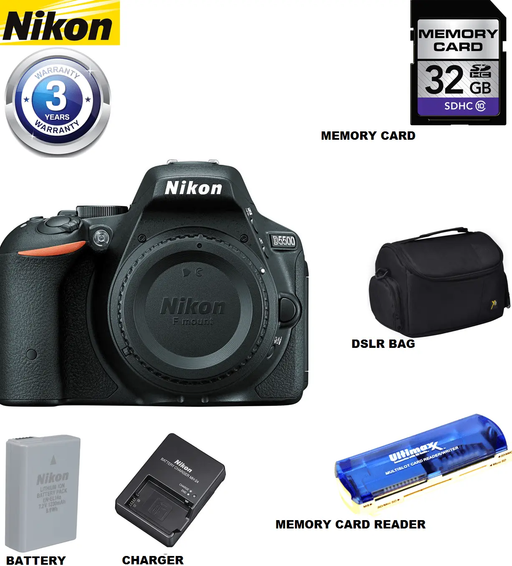Nikon D5500/D5600 DSLR Camera (Body Only) with 3 Year Extended Warranty | Sandisk 32GB | Case & Card Reader