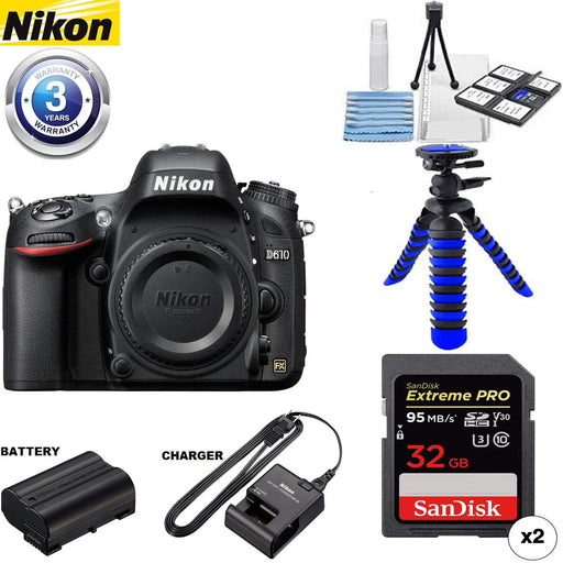 Nikon D610 DSLR Camera (Body Only) with 3 Year Extended Warranty | Spider Tripod | 32GB Memory Card &amp; Cleaning Kit Bundle