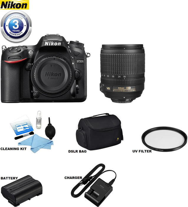 Nikon D7200/D7500 Digital SLR Camera with 18-105mm Lens | Medium Carrying Case | UV Filter | Cleaning Kit &amp; 3 Year Limited Warranty