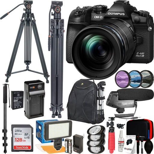 Olympus OM-D E-M1 Mark III Mirrorless Digital Camera with 12-40mm Lens with | 64" Tripod | Monopod | Microphone & More Bundle