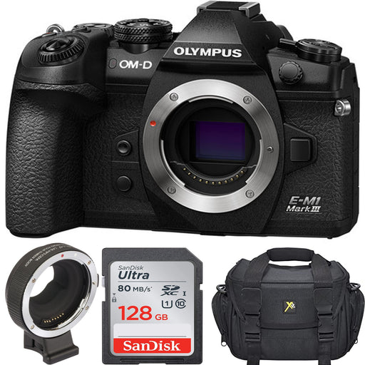 Olympus OM-D E-M1 Mark III Mirrorless Digital Camera (Body Only) with Vello Canon EF/EF-S Lens Adapter, Sandisk 128GB & Case Bundle