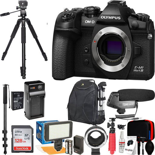 Olympus OM-D E-M1 Mark III Mirrorless Digital Camera (Body Only) with LED Light | Sandisk 128GB | Lens Adapter & More Deluxe Bundle