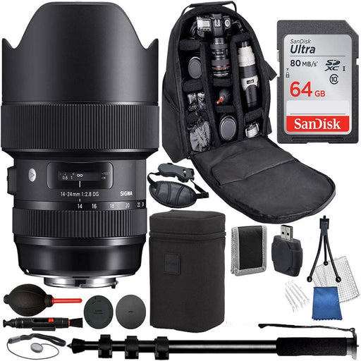 Sigma 14-24mm f/2.8 DG HSM Art Lens for Canon EF 11PC Accessory Bundle Includes- Backpack - Pro Monopod - 64GB Memory Card & More
