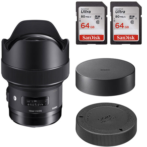 Sigma 14mm f/1.8 DG HSM Art Lens for Nikon F with 2x Sandisk 64GB Memory Cards *450955*