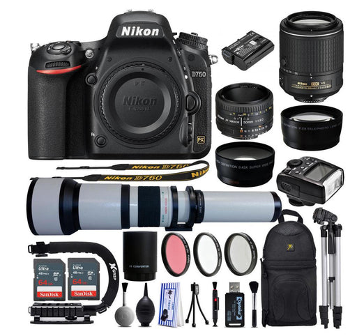 Nikon D750 DSLR Camera with Nikon 55-200mm VR II | Nikon 50mm 1.8D & 650-1300mm Preset Lenses Deluxe Bundle