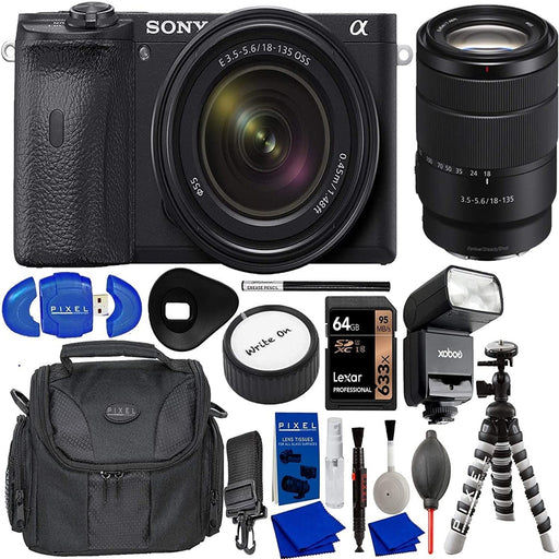 Sony Alpha a6600 Mirrorless Camera with 18-135mm Lens w/ Flash, 64GB Memory Card, Gadget Bag, Tripod, & More