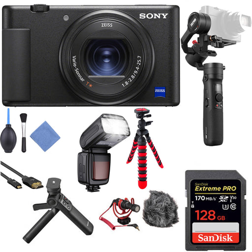 Sony ZV-1 Digital Camera with Shotgun Microphone, Gimbal Stabilizer, 128GB Sandisk Extreme Pro Memory Card, Sony Vlogger & Accessories Bundle