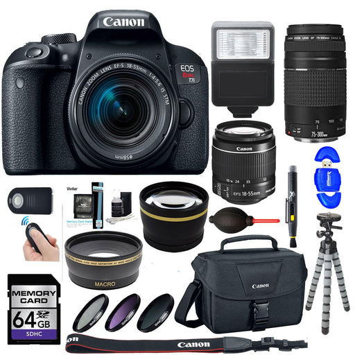 Canon EOS Rebel T7i/800D DSLR Camera with 18-55mm & 75-300mm III Lens|Bundle 64GB MC|DSLR Bag|Wide Angle & Telephoto Lenses|Flash|Remote & More