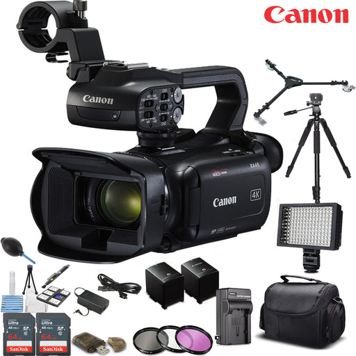 Canon XA45 Professional UHD 4K Camcorder with 2x Sandisk 64GB | Tripod | Tripod Dolly | LED Light | Extra Battery & More Deluxe Bundle