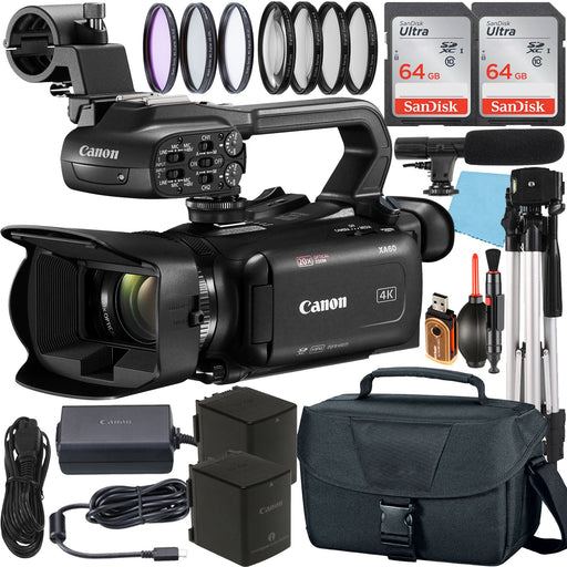 Canon XA60 Professional UHD 4K Camcorder with 2 Pack SanDisk 64GB Memory Card + Case + Tripod + Filter Kit + Microphone + Accessory Bundle - NJ Accessory/Buy Direct & Save