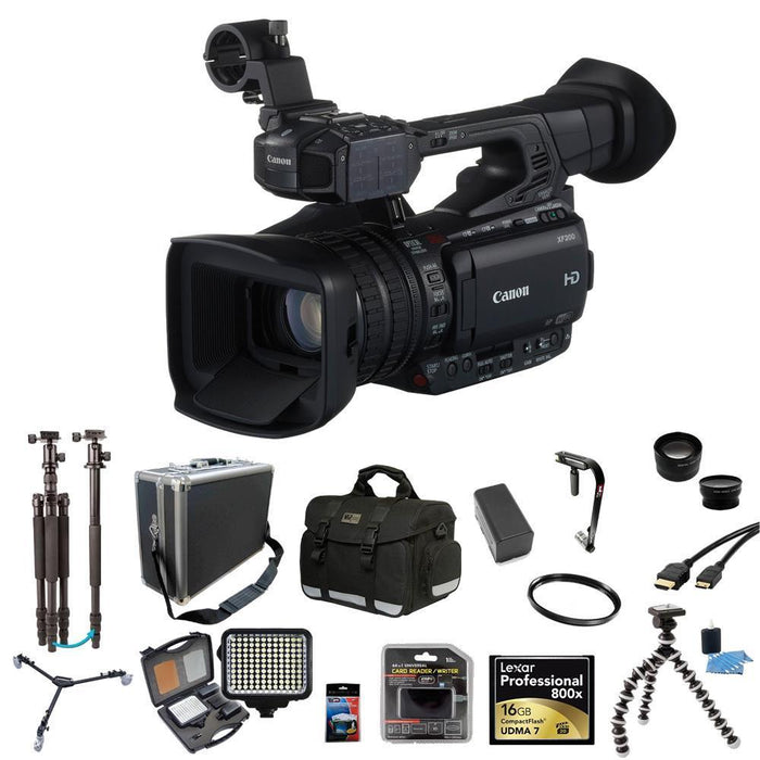Canon XF200 HD Professional Camcorder Directors Kit Tripod Dolly LED Light + FULL SIZE TRIPOD
