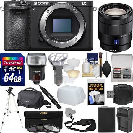Sony Alpha a6500 4K Wi-Fi Digital Camera Body with 16-70mm f/4.0 Lens + 64GB Card + Case + Flash + Battery & Charger + Tripod + Kit