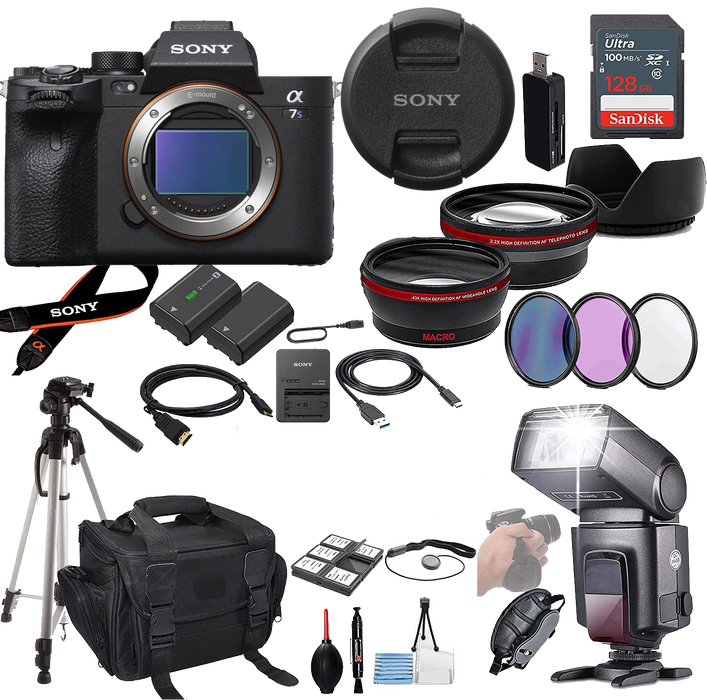 Sony a7S III Mirrorless Camera - ILCE7SM3/B with Prime Accessory Package Including 128GB Memory, TTL Flash, Replacement Battery, Auxiliary Lenses &amp; More