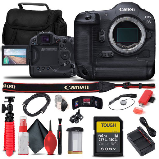 Canon EOS R3 Mirrorless Camera (Body Only) + Sony 64GB TOUGH SD Card + Card Reader + Case + Flex Tripod + Hand Strap + Cap Keeper + Memory Wallet + Cleaning Kit