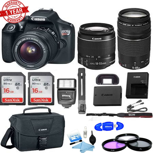 Canon EOS Rebel T6/2000D DSLR Camera with 18-55mm Lens & 75-300mm lenses with 32GB MCs Essential Package