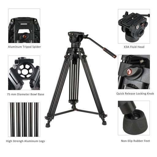 Heavy Duty Video Tripod, Cayer 64 Inch BV30-Camcorder Tripod System Aluminum Leg