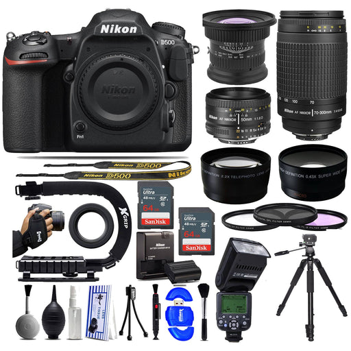 Nikon D500 DSLR Camera with -15mm - Nikon 50mm f/1.8D - Nikon 70-300mm G - 128GB -AF Flash Bundle