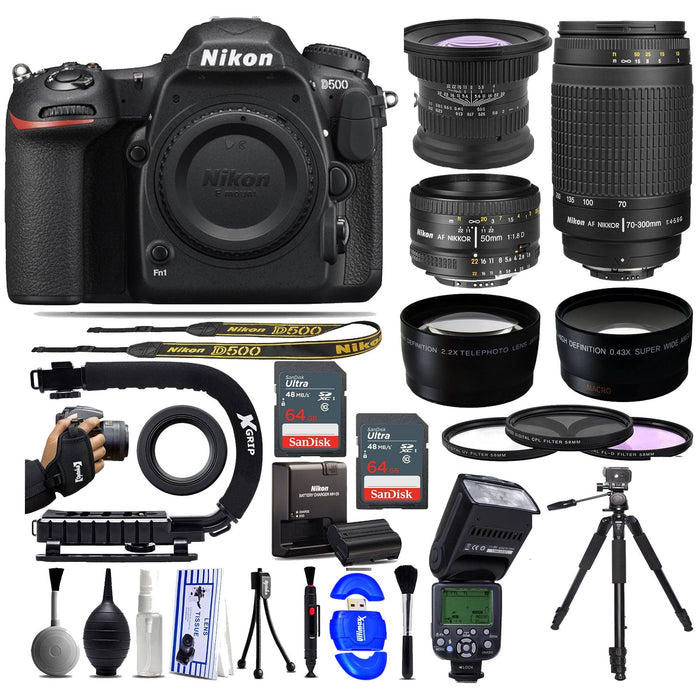 Nikon D500 DSLR Camera with -15mm - Nikon 50mm f/1.8D - Nikon 70-300mm G - 128GB -AF Flash Bundle