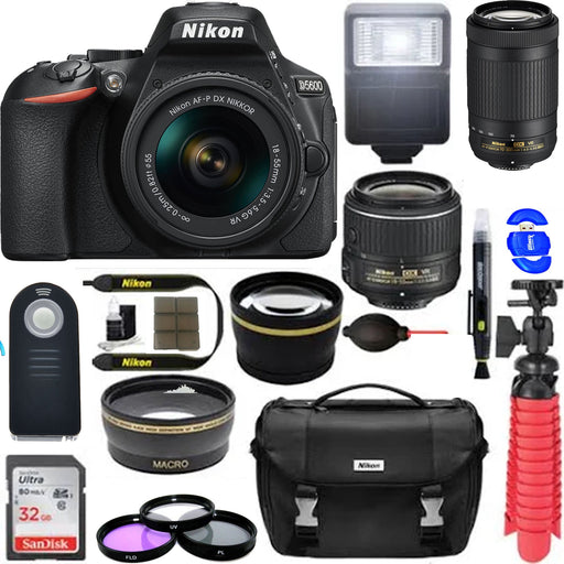 Nikon D5600 24.2 MP DSLR Camera + AF-P DX 18-55mm & 70-300mm Ed VR + Accessory Bundle