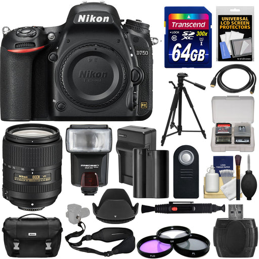 Nikon D750 DSLR Camera with 18-300mm VR Lens + 64GB + Battery & Charger + Case + 3 Filters + Tripod + Flash + Kit