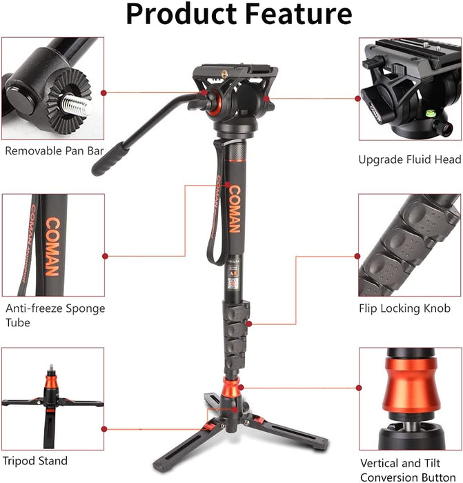 Monopod with Feet, Professional Video Camera Monopod with Tripod Stand 70.6 inch Max Load 22 Lbs