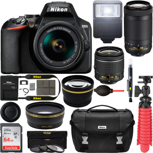Nikon D3500 DSLR Camera w/ AF-P DX 18-55mm & 70-300mm Zoom Lens 64GB Accessory Bundle USA Model