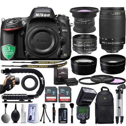 Nikon D610 DSLR Camera with Nikon 50mm 1.8D, Nikon 70-300mm G & 15mm f/4 LD UNC Macro Wide Angle Lens Supreme Bundle