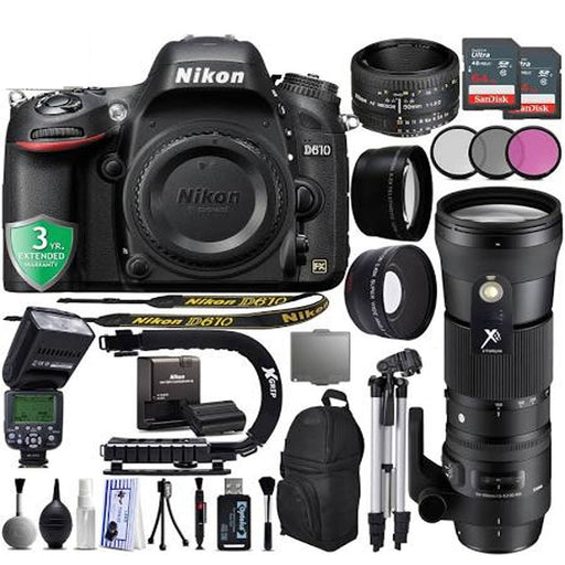 Nikon D610 DSLR Camera w/ Nikon 50mm 1.8D, Sigma 150-600mm OS HSM, Flash, Tripod, Backpack, Filters, 2x Sandisk 64GB Cards Supreme Package