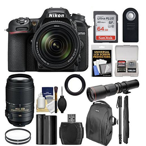 Nikon D7500 4K Digital SLR Camera w/ 18-140mm & 55-300mm VR DX Lens + 500mm Telephoto Lens + 64GB Card + Battery + Backpack + Monopod + Kit