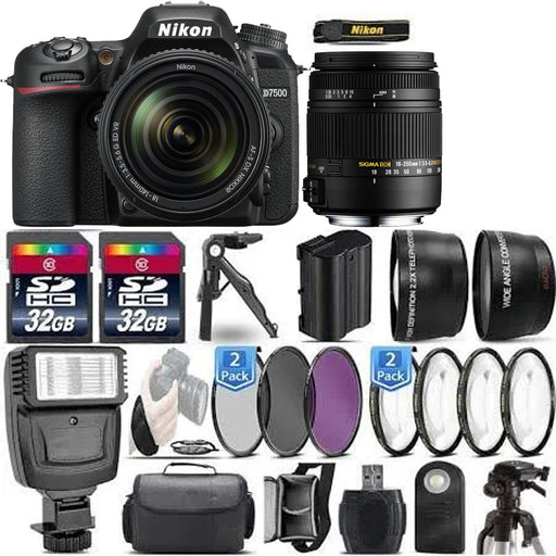 Nikon D7500 Wi-Fi 4K Digital SLR Camera Body with Sigma 18-250mm OS Lens &amp; Nikon 18-140mm VR + 64GB Card Deluxe Bundle