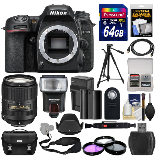 Nikon D7500 Wi-Fi 4K Digital SLR Camera Body with 18-300mm VR Lens + 64GB + Battery & Charger + Case + 3 Filters + Tripod + Flash + Kit