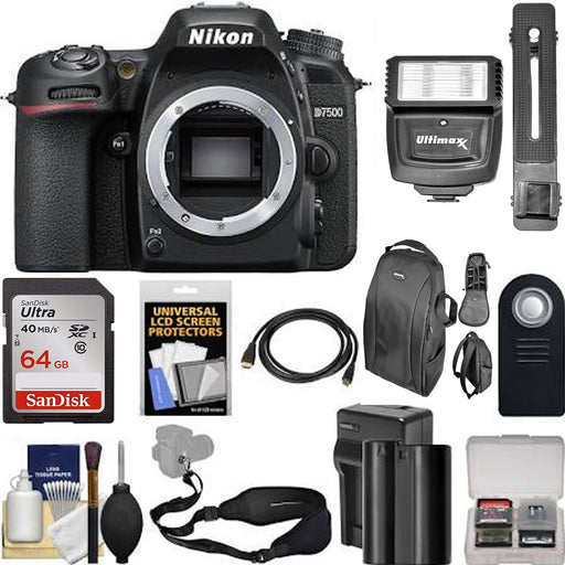 Nikon D7500 Wi-Fi 4K Digital SLR Camera Body with 64GB Card + Battery & Charger + Backpack + Strap + Flash + HDMI Cable + Remote + Kit
