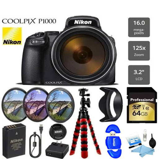 Nikon Coolpix P1000 16MP 125x Super-Zoom Digital Camera + 64GB | Filters | Flexible Tripod & More Bundle