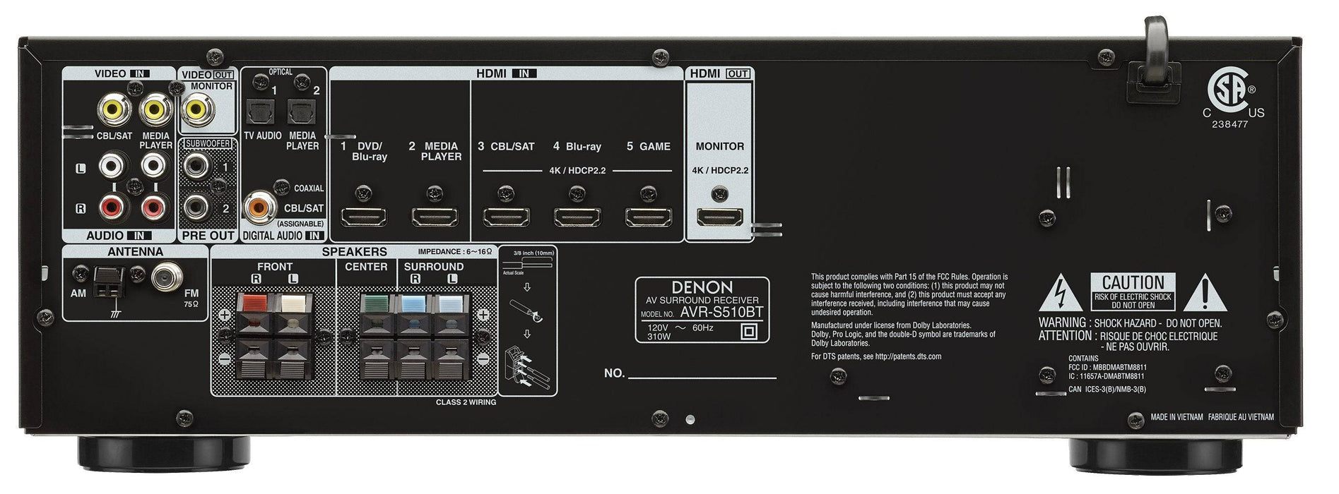Denon AVR-S510BT 5.2 Channel Full 4K Ultra HD A/V Receiver