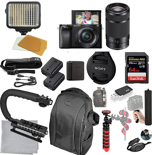 Sony Alpha a6100 Mirrorless Camera with 16-50mm and 55-210mm Lenses, Video Bundle + LED Video Light + Extreme Speed 64GB Memory(20pc Bundle)