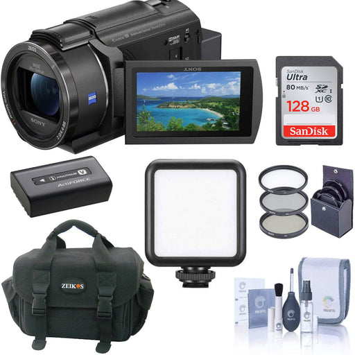 Sony FDR-AX43A UHD 4K Handycam Camcorder Essential Bundle with Bag, 128GB SD Card, LED Light, Filter Pack and Cleaning Kit Bundle - NJ Accessory/Buy Direct & Save