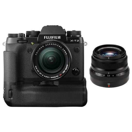Fujifilm X-T2 Mirrorless Digital Camera with 18-55mm and 35mm Lenses & FUJIFILM XF 35mm f/2 R WR Lens & Vertical Grip Package