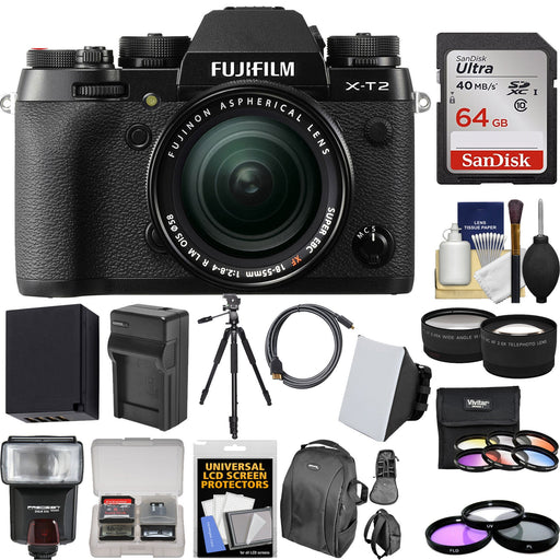FUJIFILM X-T2 Mirrorless Digital Camera with 18-55mm Lens & Sandisk 64GB | Tripod | FLash | Filters & More Accessory Bundle