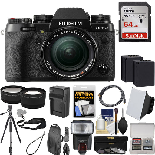 FUJIFILM X-T2 Mirrorless Digital Camera with 18-55mm Lens | Sandisk 64GB | Flash | Filter | Spare Battery & More Bundle